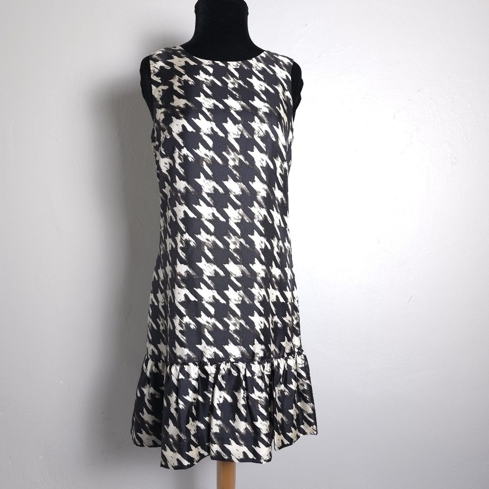 J. Crew Houndstooth 100% Silk Dress Flounce, Ruffled Hem Size 2
